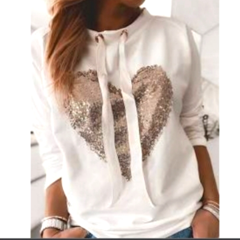 CBR gold sequine heart shirt, white, size Medium